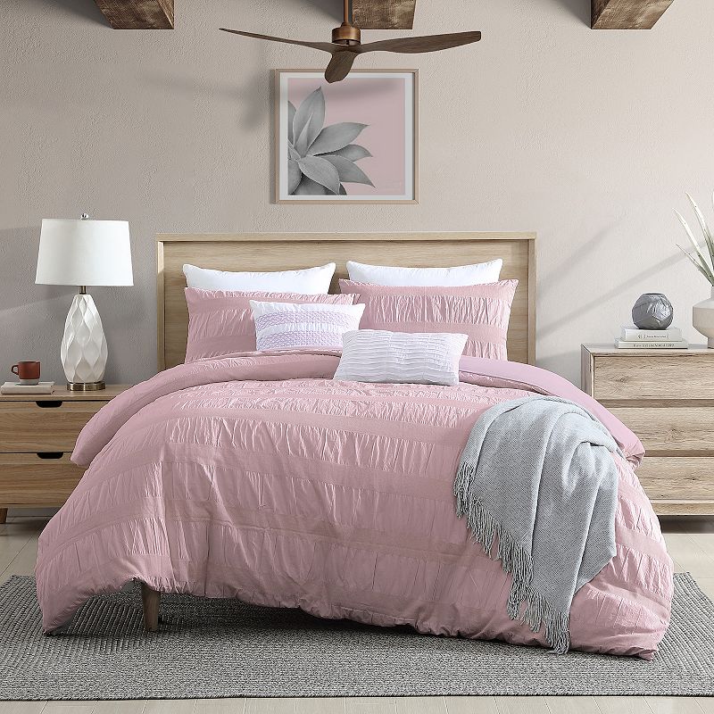 Swift Home Moselle Ruched Waffle Weave Duvet Cover Set with Shams, Pink, Ki