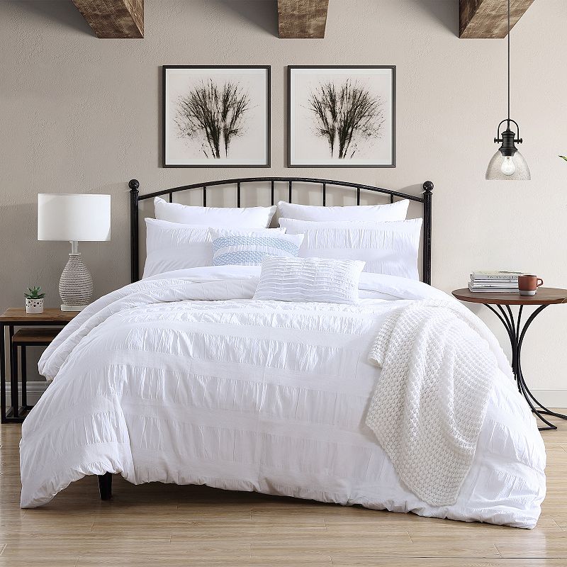 Swift Home Moselle Ruched Waffle Weave Duvet Cover Set with Shams, White, T