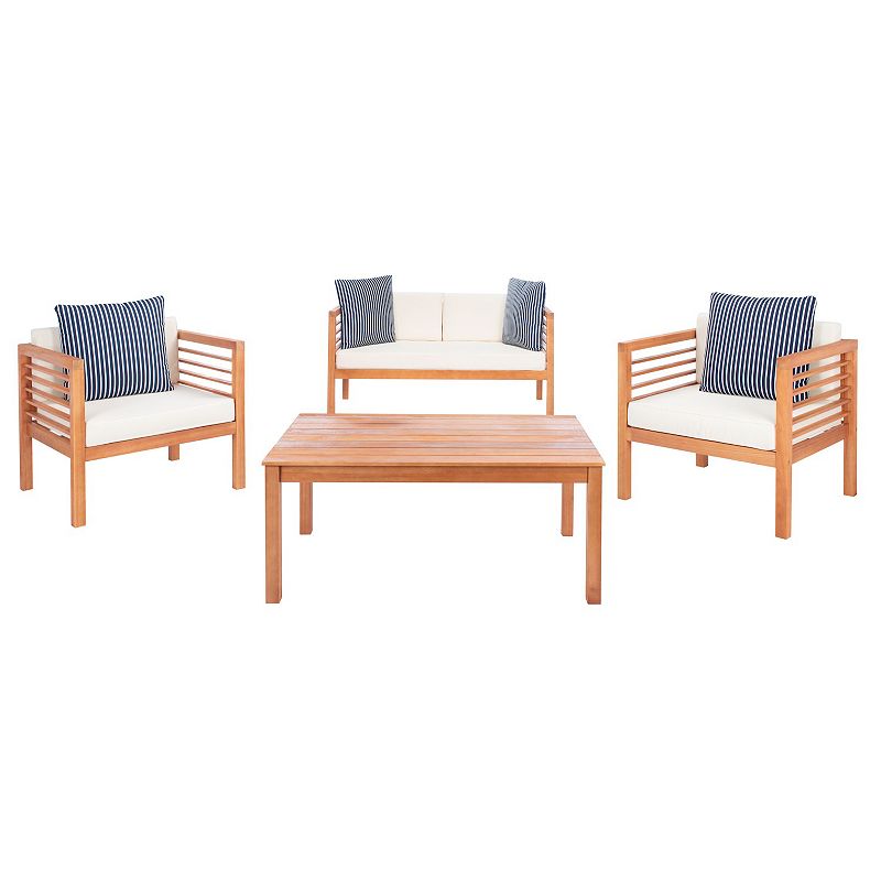 Safavieh Alda Outdoor Loveseat, Chair & Coffee Table 4-piece Set, Beige Blue