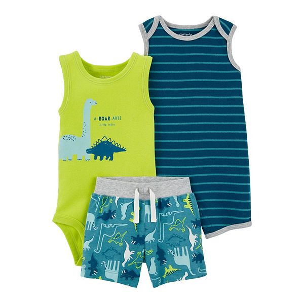 Carters Baby Boys 3-Piece Bodysuit & Shorts Set Newborn, Blue/Dino