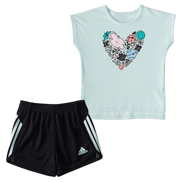 Baby Girl adidas Floral Heart Graphic Tee Mesh Shorts Set