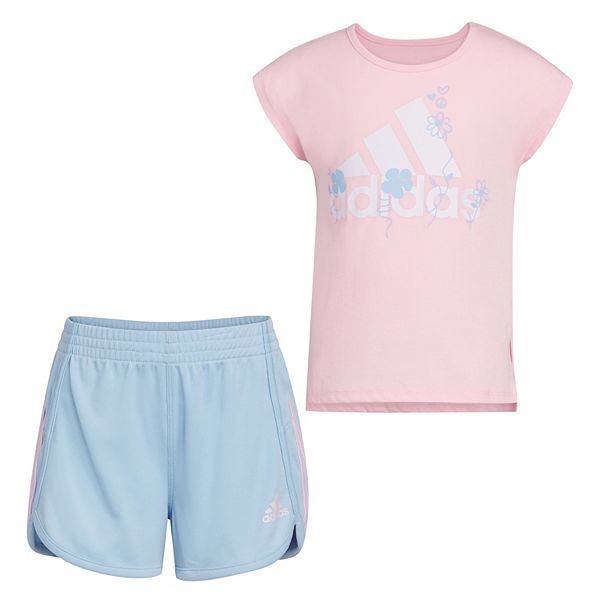 Adidas Baby Girls Graphic T Shirt and Mesh Shorts, 2 Piece Set