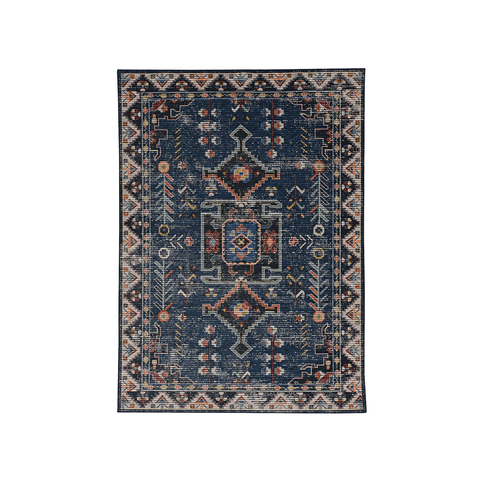 Linon Larson Machine Washable Rug, Navy Ivory