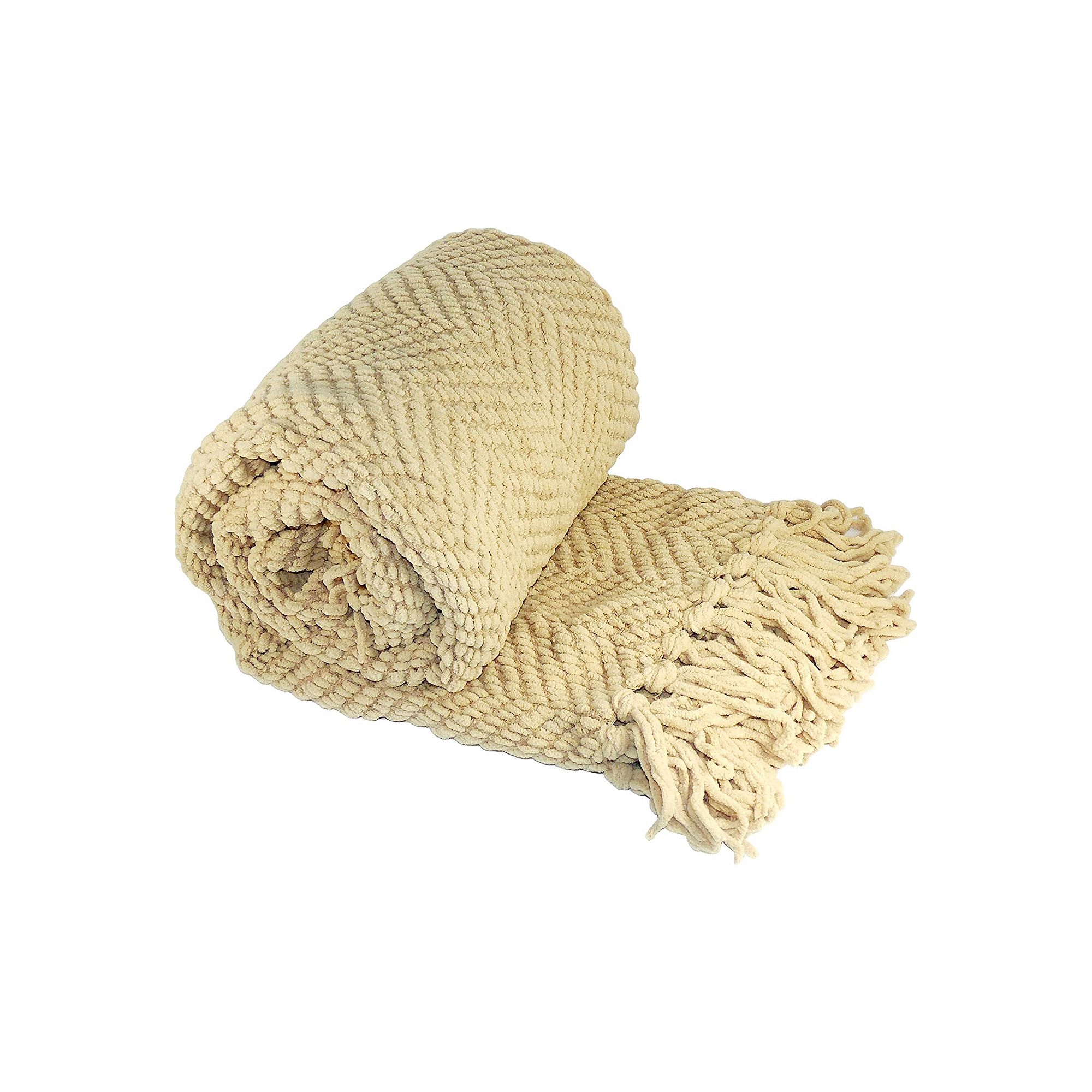 Serenta Knitted Tweed Tassel Throw, Light Camel