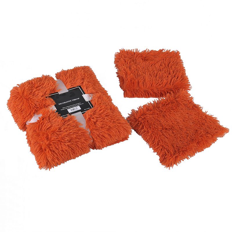Shaggy Faux Fur Throw with 2 Pillow Shell Set, Orange