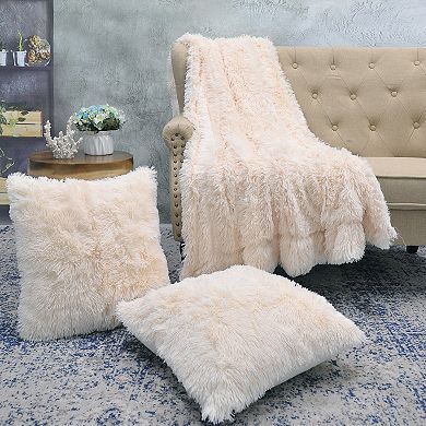 Shaggy Faux Fur Throw with 2 Pillow Shell Set