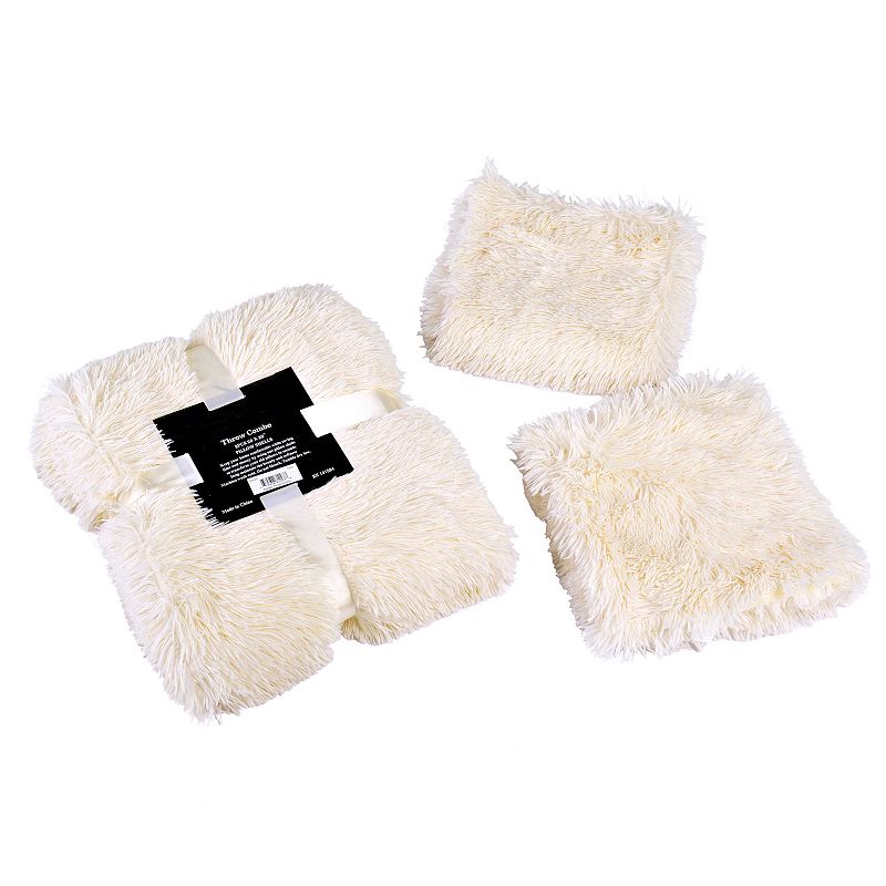 Shaggy Faux Fur Throw with 2 Pillow Shell Set, White