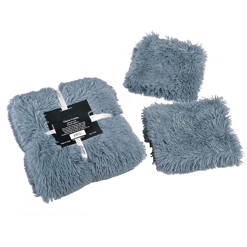 Shaggy Faux Fur Throw with 2 Pillow Shell Set, Blue