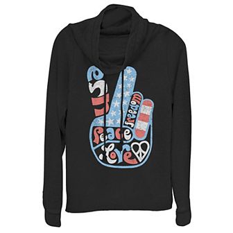 Juniors' Americana Love Peace and Freedom Flag Cowlneck Pullover