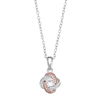 PRIMROSE Two Tone Sterling Silver & 18k Rose Gold Plated Cubic Zirconia Love Knot Pendant Necklace