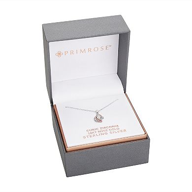 PRIMROSE Two Tone Sterling Silver & 18k Rose Gold Plated Cubic Zirconia Love Knot Pendant Necklace