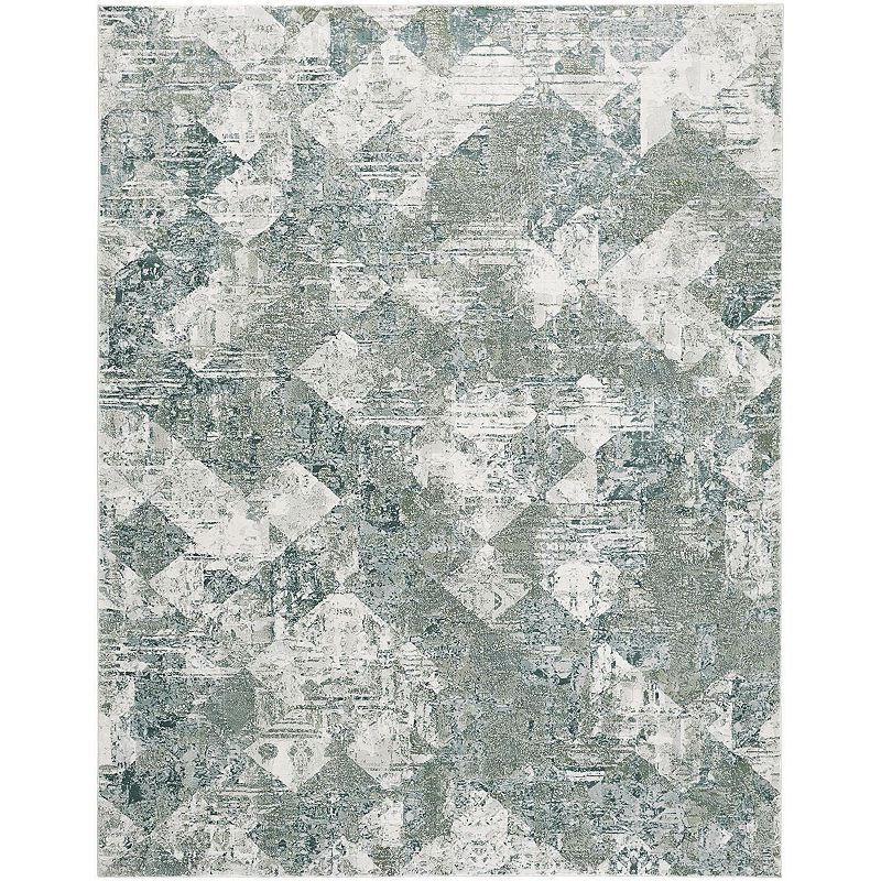 Weave & Wander Halton Contemporary Distressed Squares Rug, Green, 3X8 Ft
