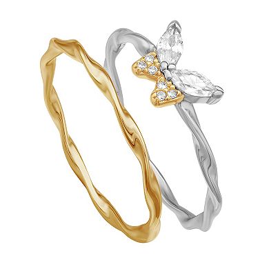 PRIMROSE Sterling Silver Cubic Zirconia Butterfly & Twist Ring Set