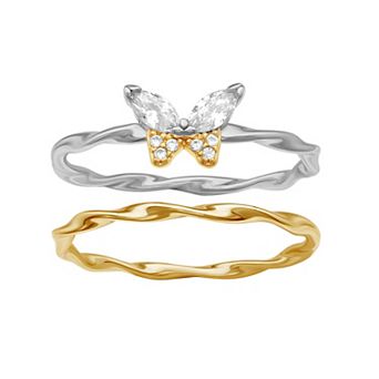 PRIMROSE Sterling Silver Cubic Zirconia Butterfly & Twist Ring Set