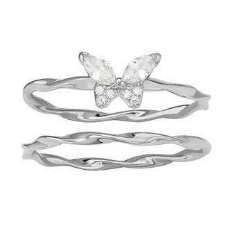PRIMROSE Sterling Silver Cubic Zirconia Butterfly & Twist Ring Set