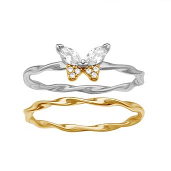 PRIMROSE Sterling Silver Cubic Zirconia Butterfly & Twist Ring Set
