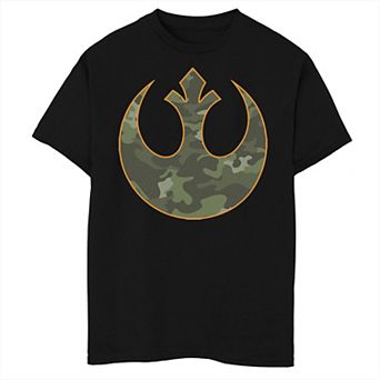 Boys 6-20 Star Wars Rebel Alliance Green Camo Orange Outline Crest Tee