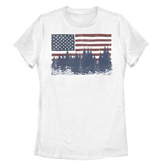 Juniors' Americana Flag and Forest Silhouette Tee