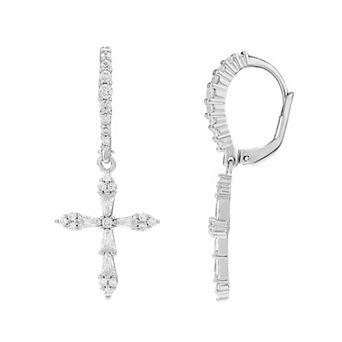 PRIMROSE Sterling Silver Cubic Zirconia Beaded Baguette Drop Cross Earrings