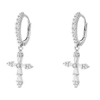 PRIMROSE Sterling Silver Cubic Zirconia Beaded Baguette Drop Cross Earrings