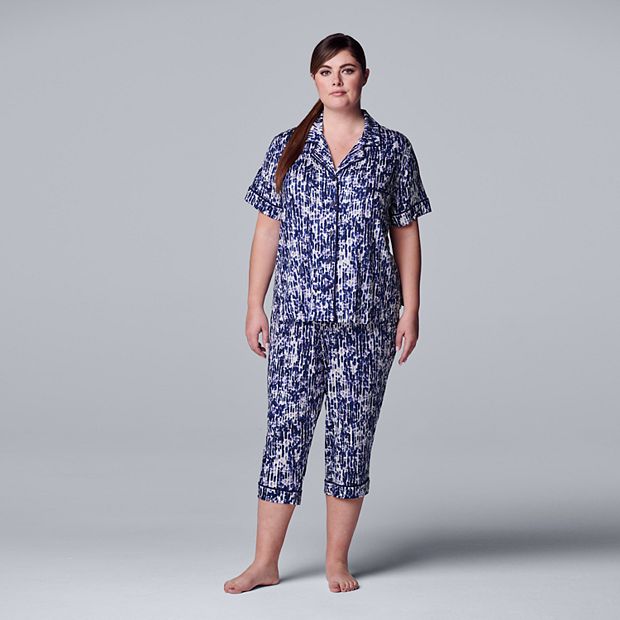 Women's Simply Vera Vera Wang Cozy Short Sleeve Pajama Shirt and Capri  Pajama Pants Sleep Set