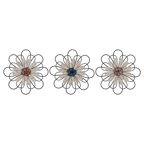 Stratton Home Decor Traditional Set Of 3 Layered Metal And Wood Flowers Wall - Stratton Home Decor Flower Metal And Wooden