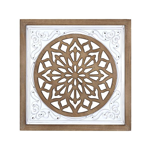 Stratton Home Decor Farmhouse White Square Wood And Metal Medallion Wall - White Carved Wood Medallion Wall Art
