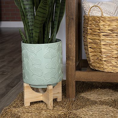 Stratton Home Decor Boho Matte Green Metal and Wood Plant Stand