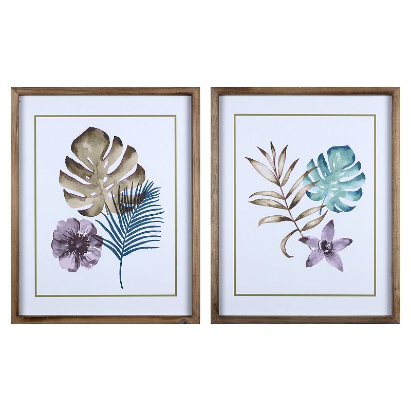 Stratton Home Decor Set of 2 Multicolor Tropical Leaves Framed Wall Art