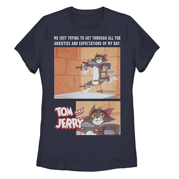 Juniors' Tom And Jerry Anxiety Meme Portrait Panels Tee