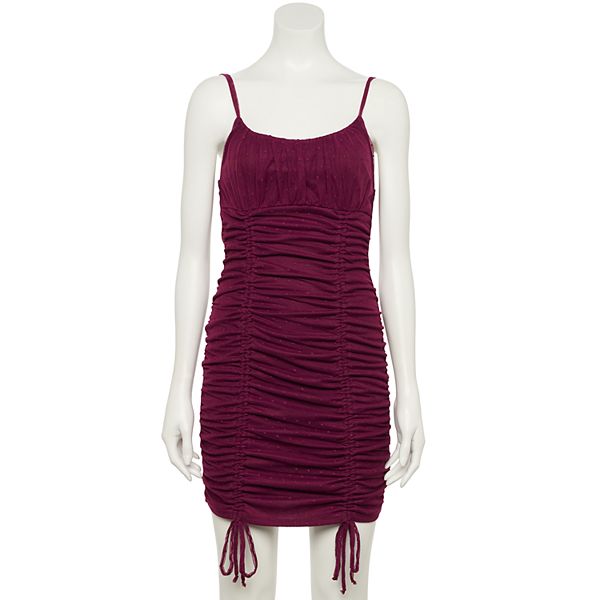 Juniors' Live To Be Spoiled Ruched Asymmetrical Front Bodycon Dress