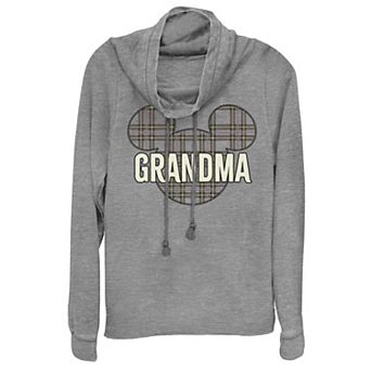 Disney's Mickey And Friends Christmas Plaid Grandma Women's Cowlneck Graphic Lightweight Long Sleeve