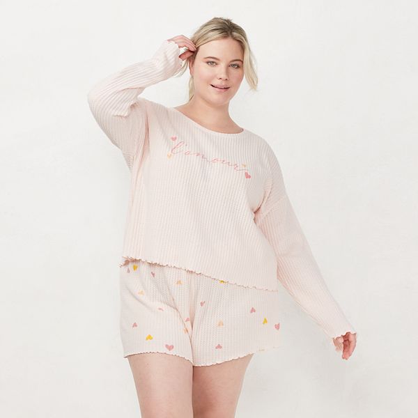 Plus Size LC Lauren Conrad Cozy Waffle Thermal Knit Long Sleeve Pajama Top  & Pajama Shorts Sleep Set