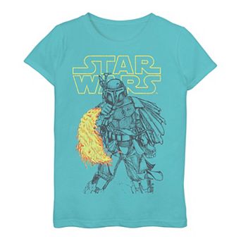 Girls 3-16 Star Wars Boba Fett Flame Thrower Line Art Portrait Tee