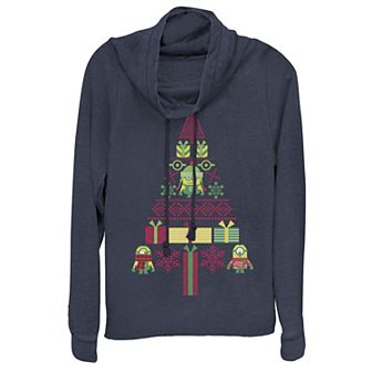 Juniors' Despicable Me Minions Christmas Tree Presents Cowlneck Graphic Lightweight Long Sleeve