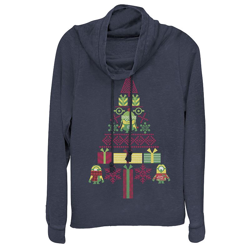 Juniors’ Despicable Me Minions Christmas Tree Presents Cowlneck Graphic Lightweight Long Sleeve, Girl’s, Size: Small, Blue