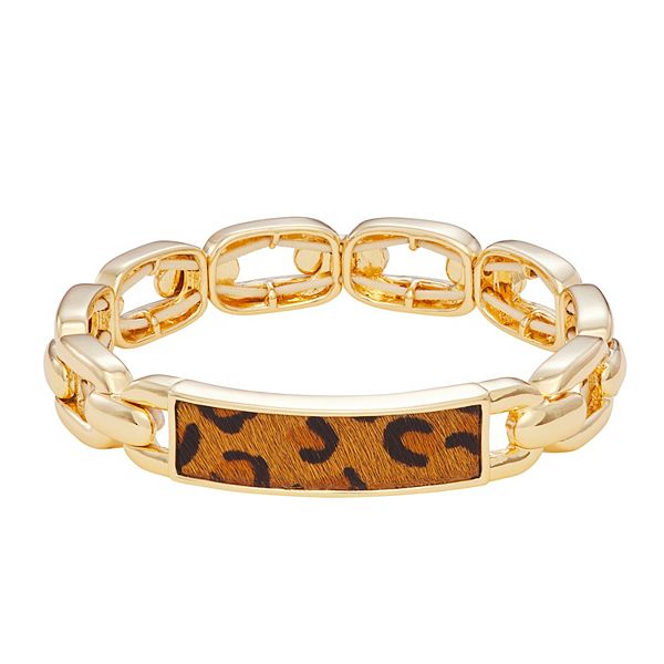 Nine West Gold Tone Cheetah Chain Link Stretch Bracelet