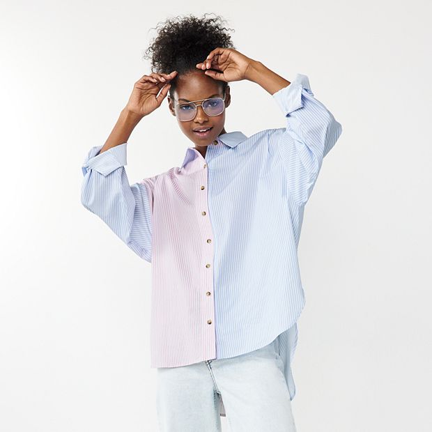 Juniors' SO® Mixed Stripe Oversized Button Down Shirt