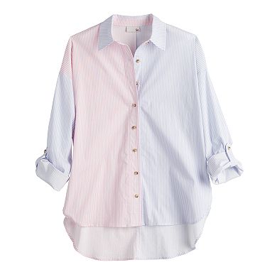 Juniors' SO® Mixed Stripe Oversized Button Down Shirt