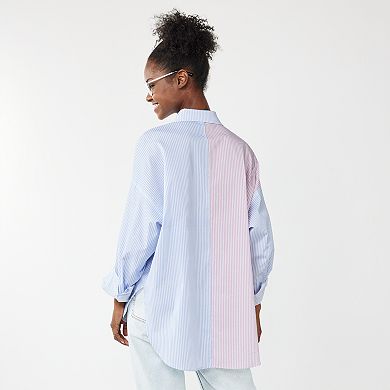 Juniors' SO® Mixed Stripe Oversized Button Down Shirt