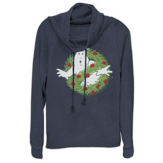 Juniors' Ghostbusters Classic Logo Christmas Wreath Cowlneck Graphic Lightweight Long Sleeve