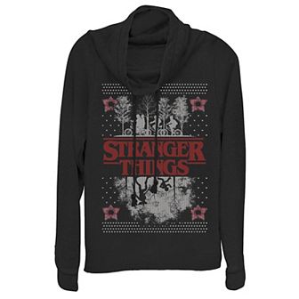 Juniors' Netflix Stranger Things Ugly Christmas Style Cowlneck Graphic Lightweight Long Sleeve