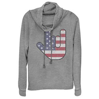 Juniors' Rock On Hand USA Flag Cowlneck Graphic Lightweight Long Sleeve
