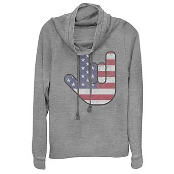 Juniors' Rock On Hand USA Flag Cowlneck Graphic Lightweight Long Sleeve