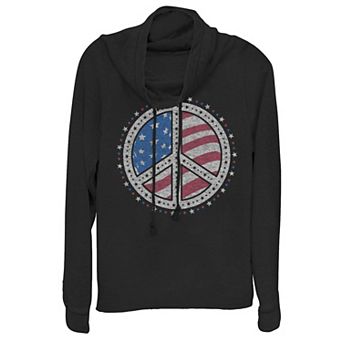Juniors' Americana Peace Sign & American Flag Cowlneck Graphic Lightweight Long Sleeve