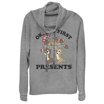 Disney's Christmas Chip & Dale Juniors' "OK But First Presents" Cowlneck Graphic Lightweight Long Sleeve