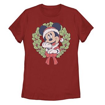Disney's Mickey In A Santa Outfit Juniors' Christmas Wreath Graphic Tee