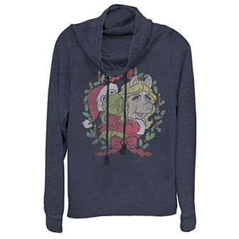 Juniors' The Muppets Kermit And Ms. Piggy Christmas Portrait Cowlneck Graphic Lightweight Long Sleeve