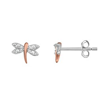 PRIMROSE Two Tone Sterling Silver Cubic Zirconia Dragonfly Stud Earrings