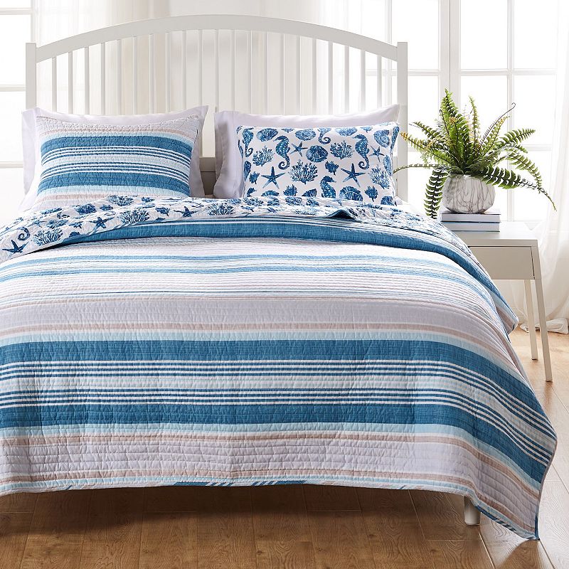 Greenland Home Fashions Pebble Beach Quilt Set with Shams, Blue, Full/Queen